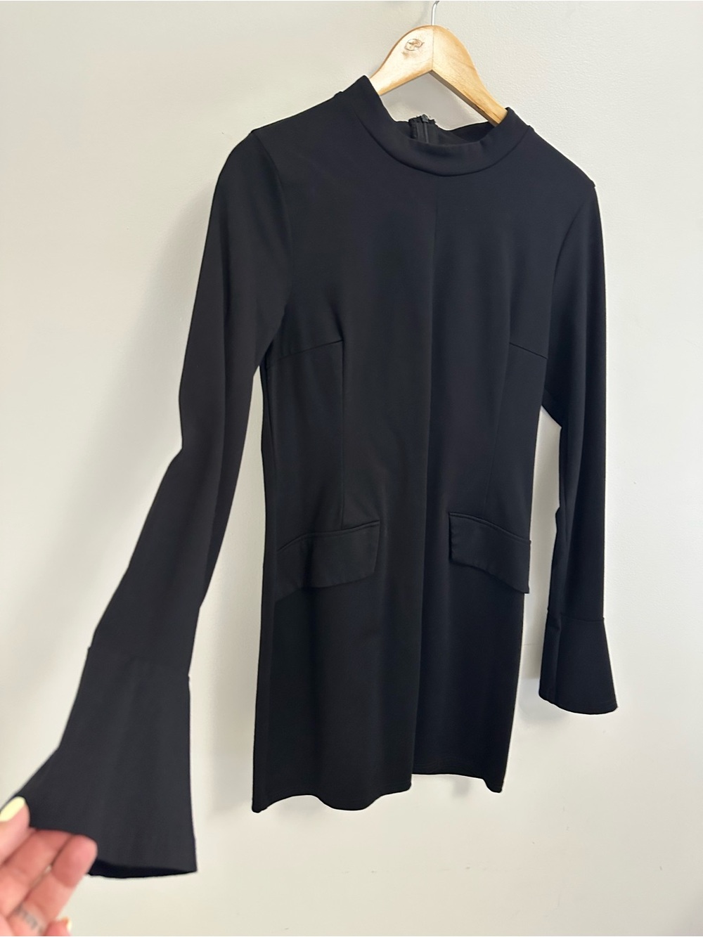 Black Long Sleeve Mock Neck Dress with Flared Cuffs